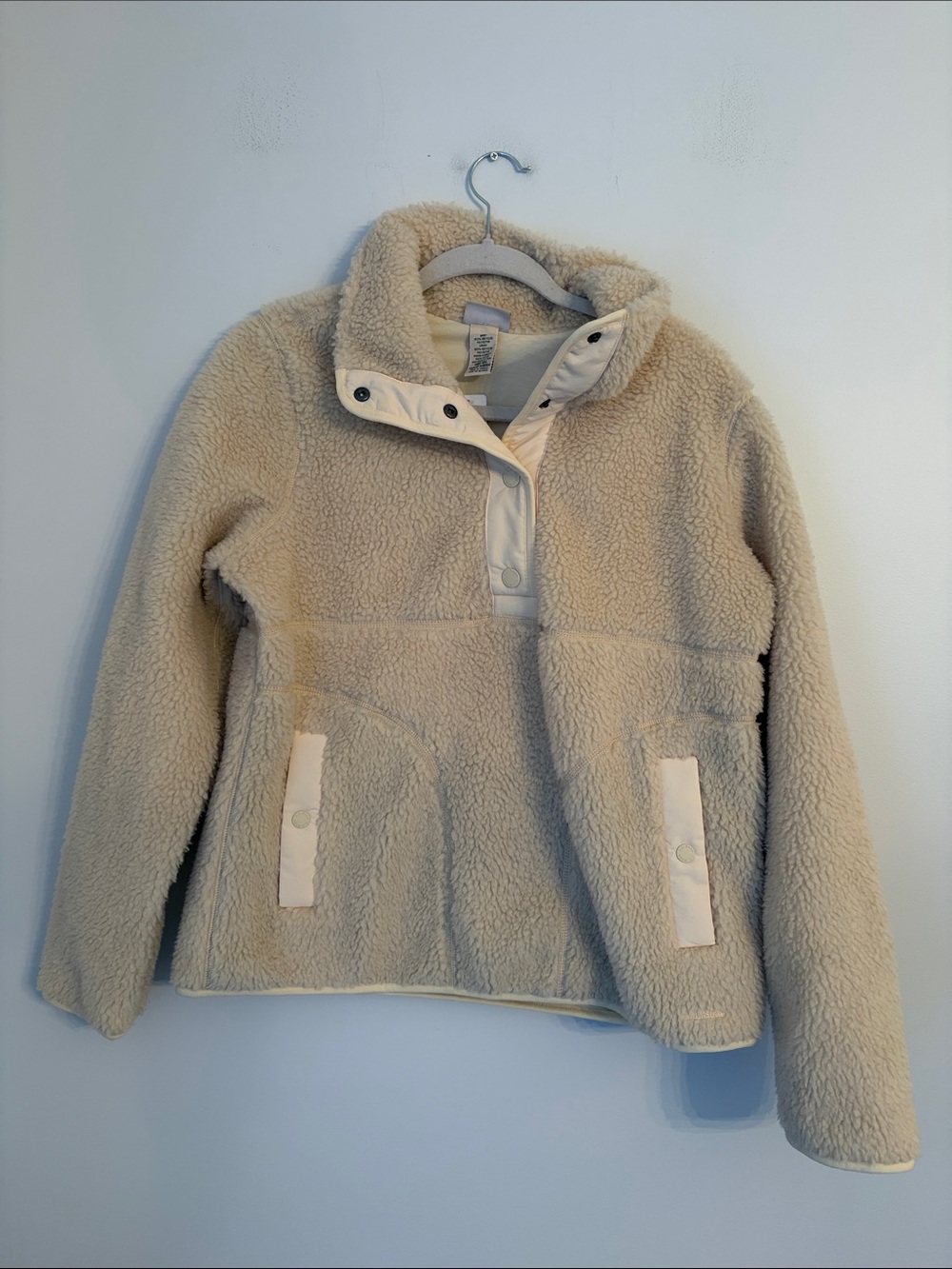 L.L. Bean Sherpa Bean Pullover Natural Cream Sherpa Quarter Button Up Fleece
